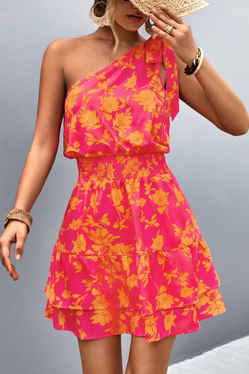 Tied Smocked Printed Single Shoulder Dress - felvior