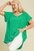 Umgee Full Size Seam Detail Linen Ruffle Fringe Edge Top Plus Size