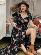 Plus Size Button Detail Printed V-Neck Short Sleeve Maxi Dress