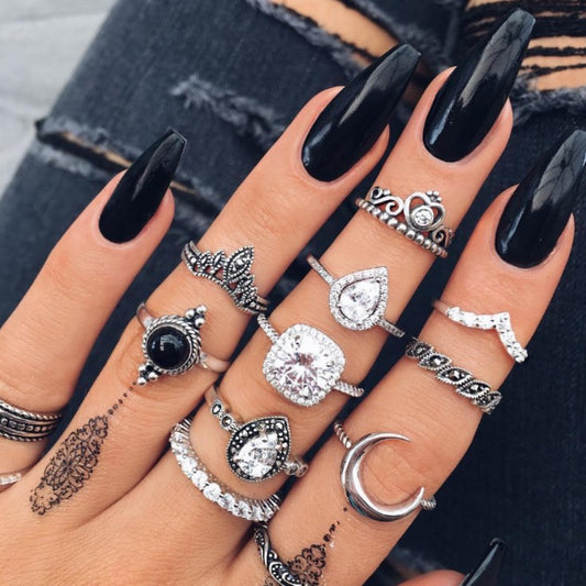 Alloy Synthetic Crystal 11-Piece Ring Set - felvior