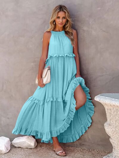 Ruffled Sleeveless Tiered Maxi Dress with Pockets - felvior