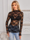 Mock Neck Long Sleeve Lace Sheer Top