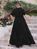 Plus Size Ruffled Hem Button Down V-Neck Short Sleeve Maxi Dress