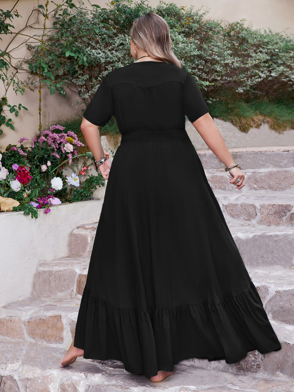 Plus Size Ruffled Hem Button Down V-Neck Short Sleeve Maxi Dress