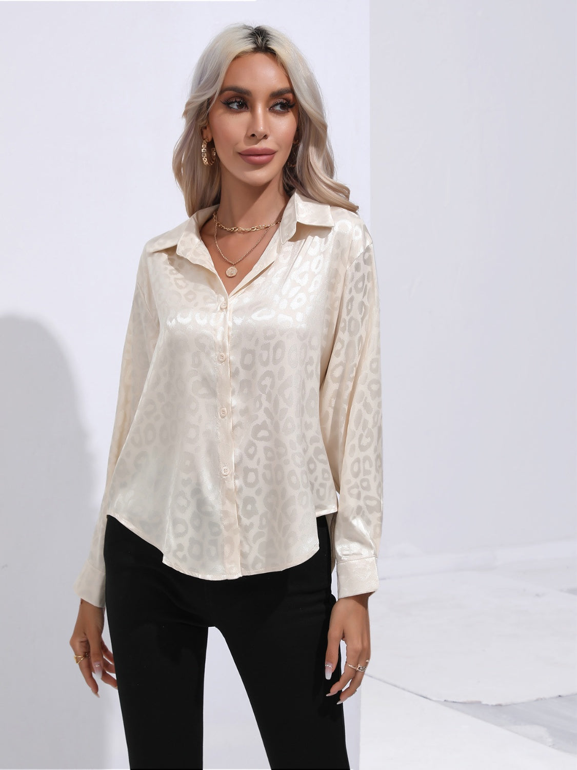 Leopard Collared Neck Long Sleeve Shirt - felvior