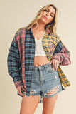 Aemi + Co Frayed Hem Color Block Plaid Drop Shoulder Shirt - felvior