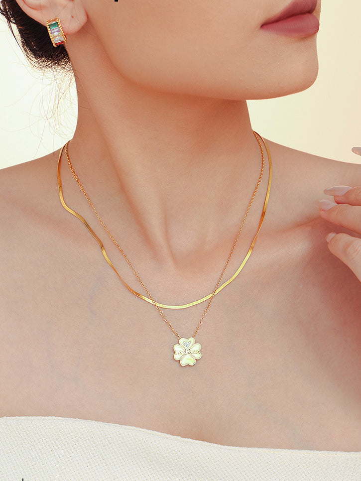 2 Piece 18K Gold-Plated Inlaid Zircon Lucky Clover Necklace - felvior