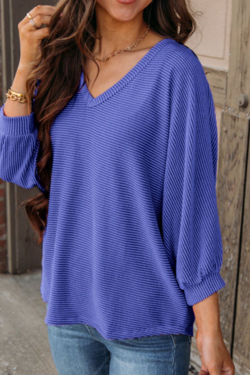 Texture V-Neck Long Sleeve Top - felvior