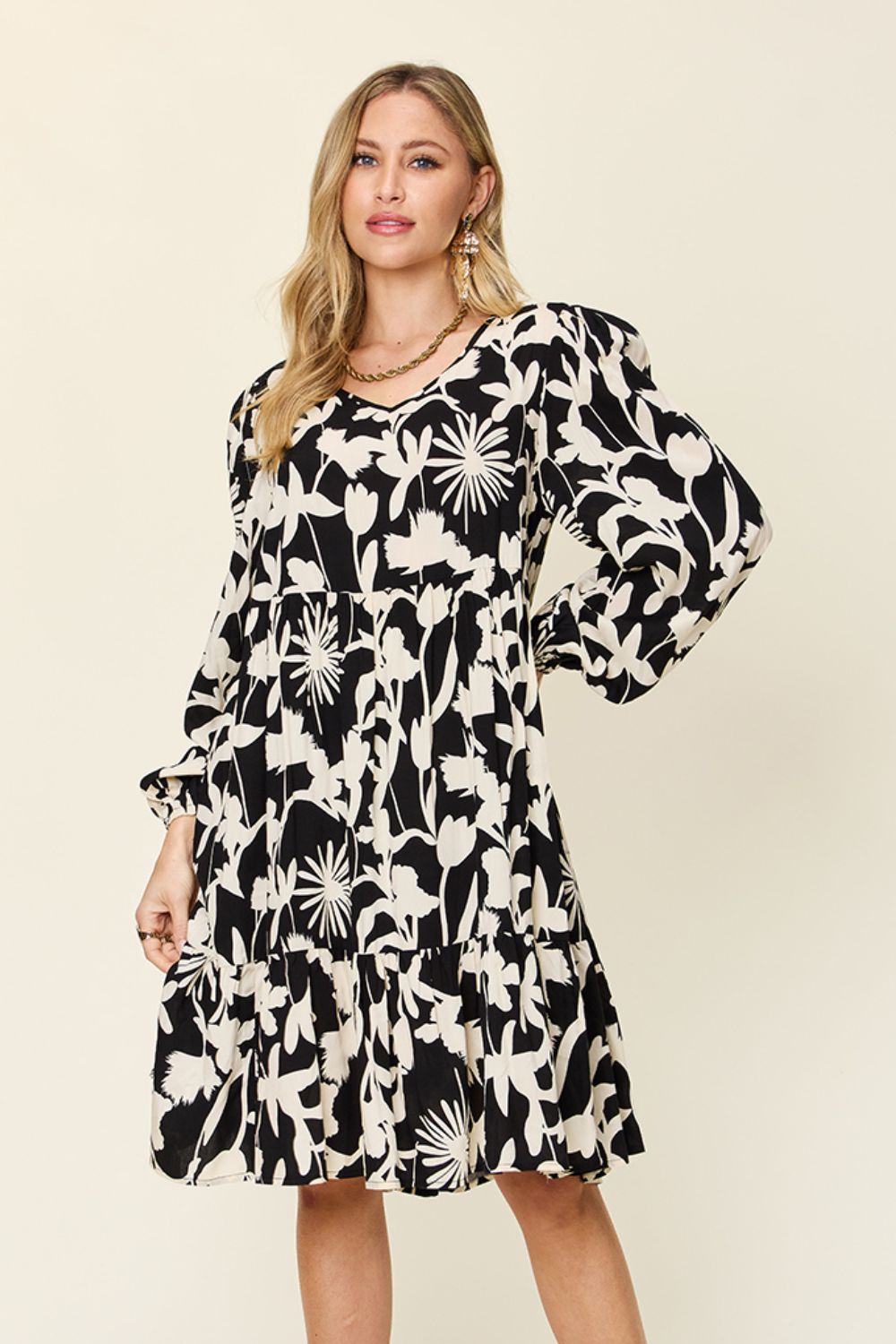 Double Take Full Size Printed Ruffle Hem Dress with Pocket - felvior