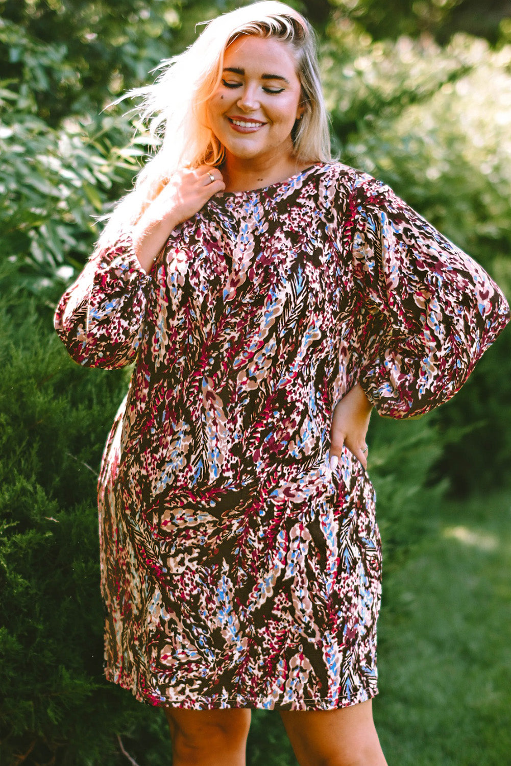 Plus Size Printed Round Neck Long Sleeve Mini Dress - felvior