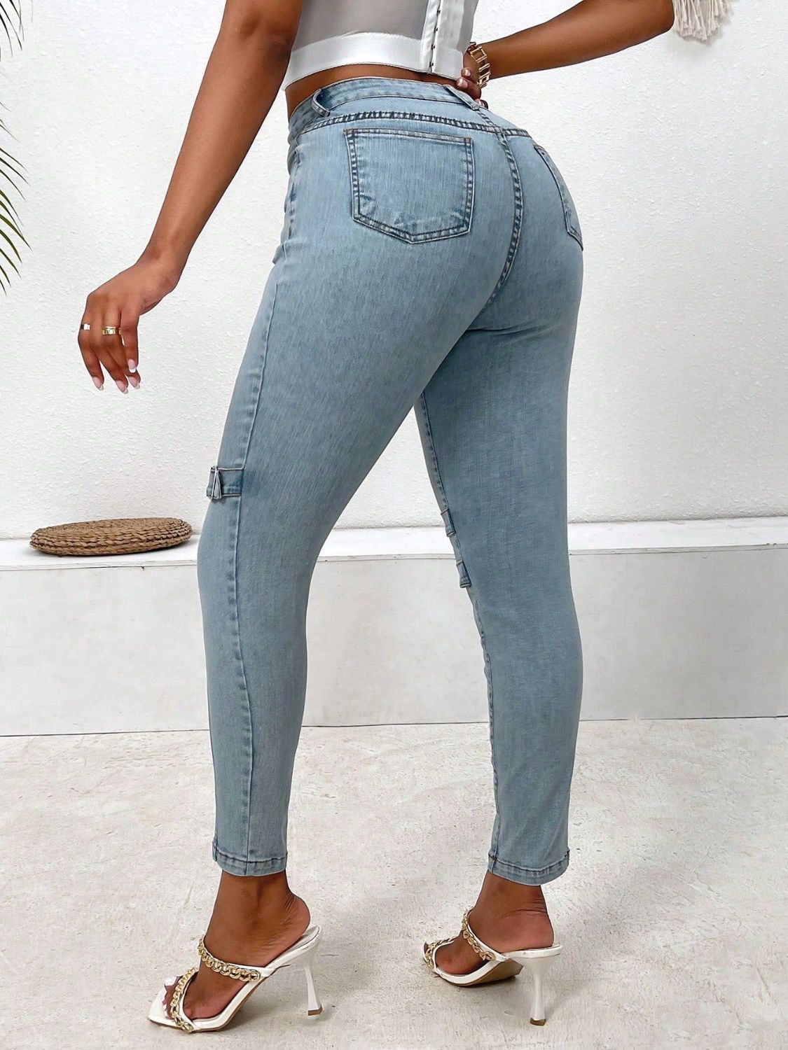 Decorative Buckle Skinny Jeans with Pockets - felvior