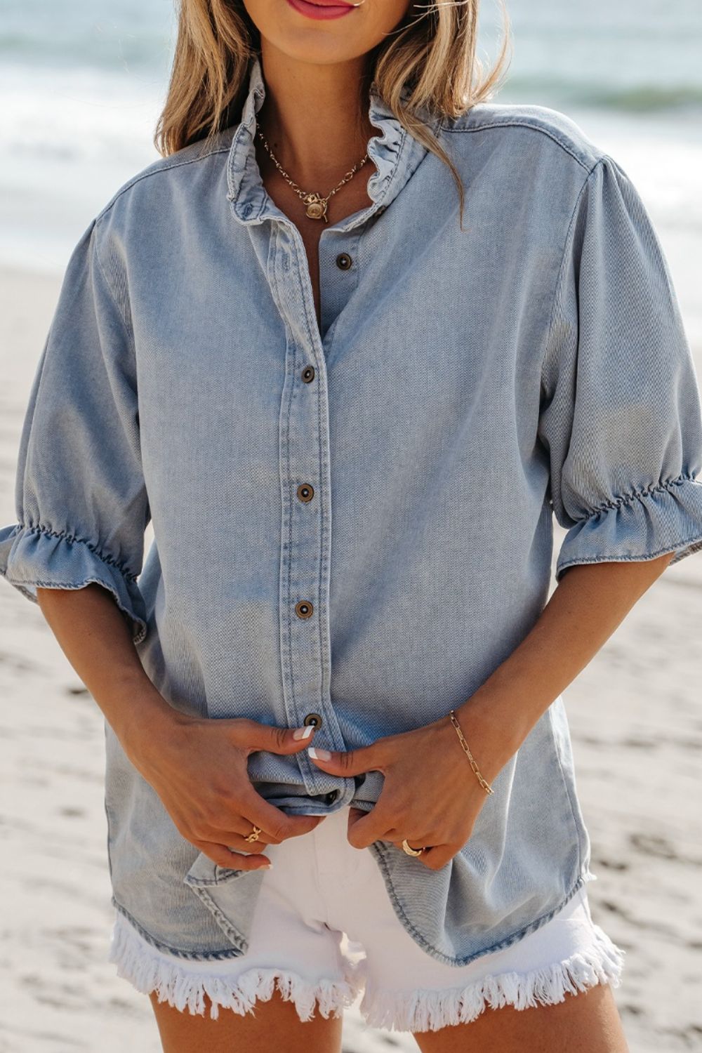 Ruffle Short Puff Sleeve Button Down Denim Shirt - felvior