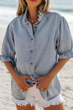 Ruffle Short Puff Sleeve Button Down Denim Shirt