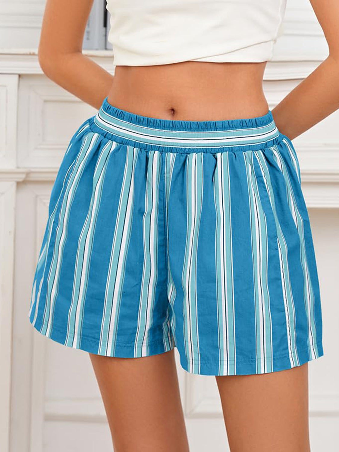 Striped Elastic Waist Shorts - felvior