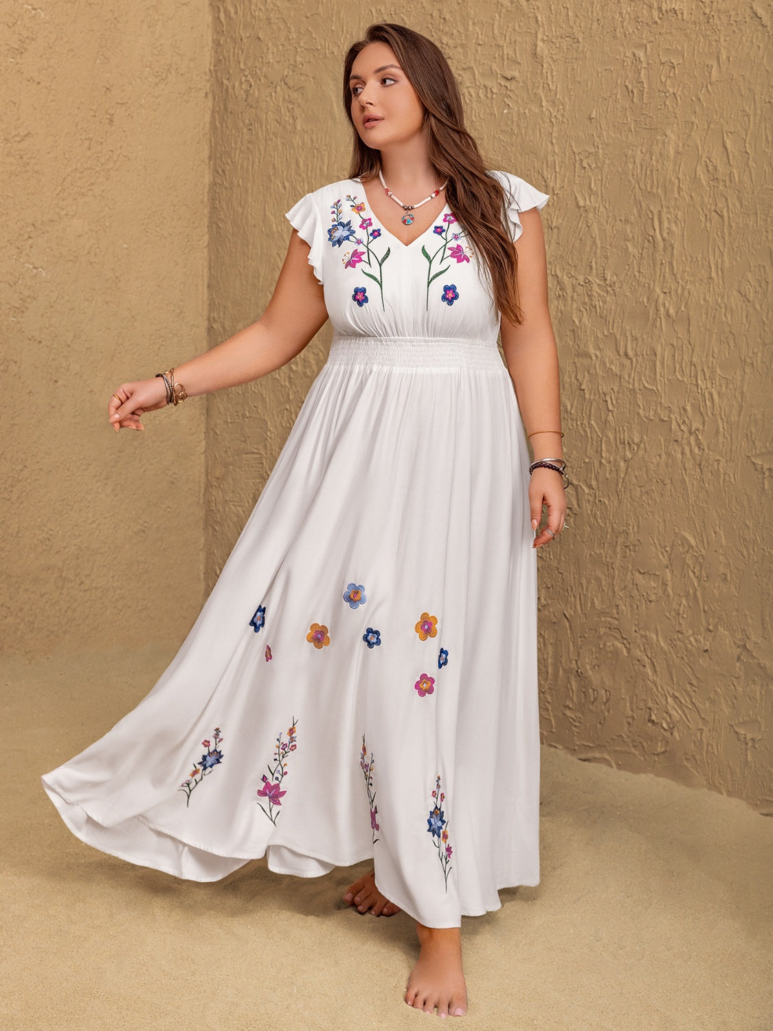 Plus Size Embroidered Floral V-Neck Cap Sleeve Maxi Dress - felvior