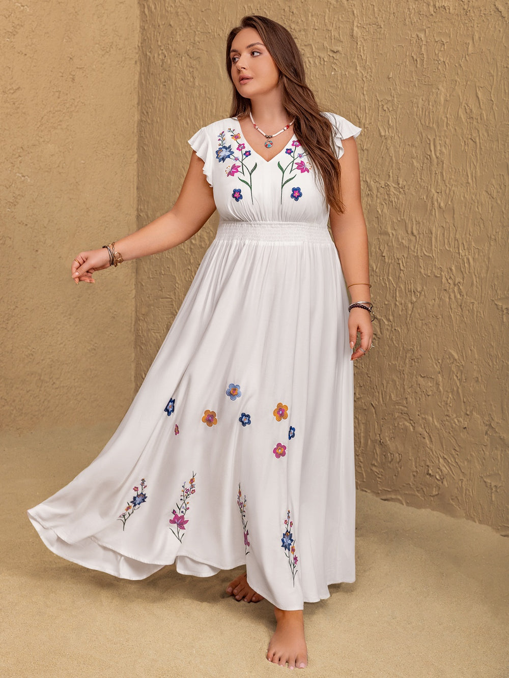 Plus Size Embroidered Floral V-Neck Cap Sleeve Maxi Dress - felvior