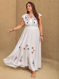 Plus Size Embroidered Floral V-Neck Cap Sleeve Maxi Dress - felvior