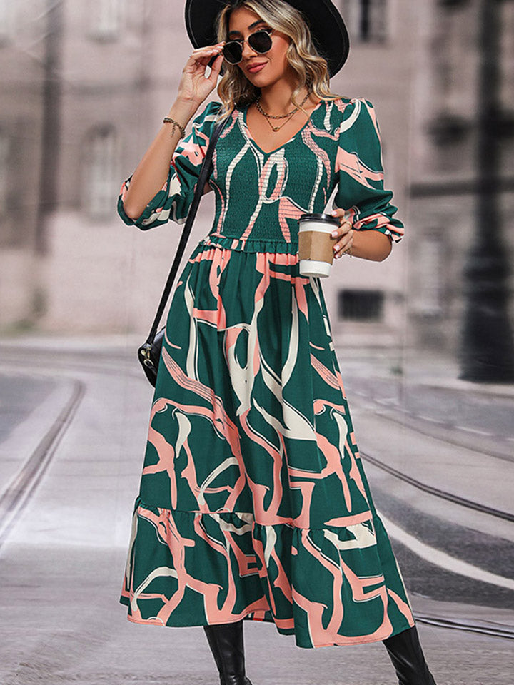 Perfee Printed Smocked V-Neck Three-Quarter Sleeve Midi Dress - felvior