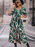 Perfee Printed Smocked V-Neck Three-Quarter Sleeve Midi Dress - felvior