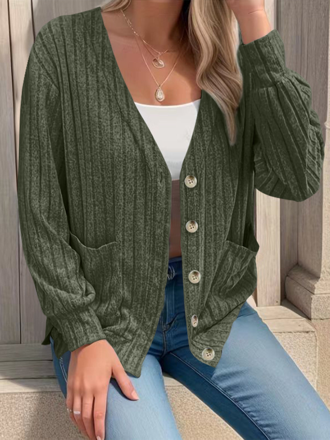 Full Size Button Up V-Neck Long Sleeve Cardigan - felvior