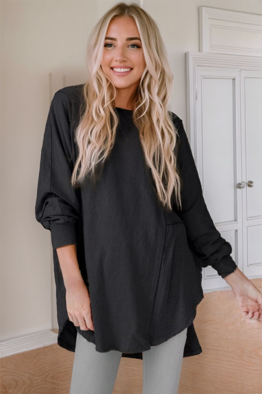 Contrast Texture Round Neck Long Sleeve Blouse - felvior
