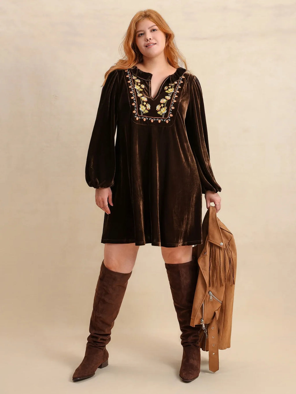 Plus Size Embroidered Notched Balloon Sleeve Mini Dress