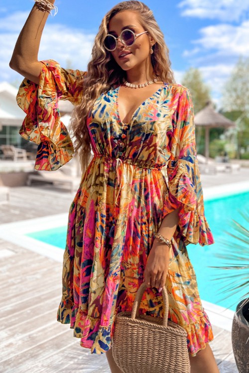 Printed Flare Sleeve Ruffled Hem Dress - felvior