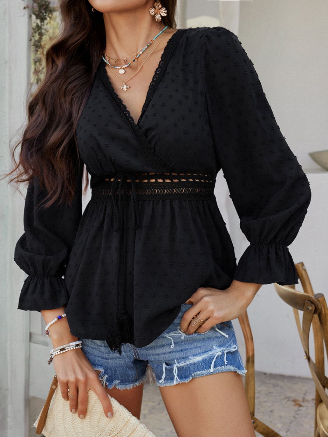 Devine Swiss Dot Lace Detail Surplice Flounce Sleeve Blouse - felvior