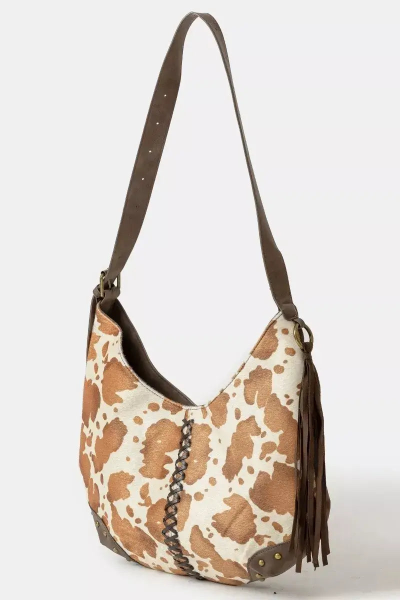 Fame Cow Print Hobo Shoulder Bag with Studded Details