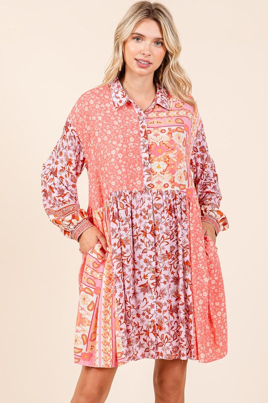 Mittoshop Floral Button Detail Long Sleeve Shirt Dress - felvior
