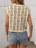 Flower Round Neck Short Sleeve Knit Top - felvior