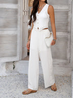Devine Button Down Lace Detail Vest and Pants Set
