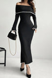 Contrast Trim Off-Shoulder Long Sleeve Maxi Sweater Dress - felvior