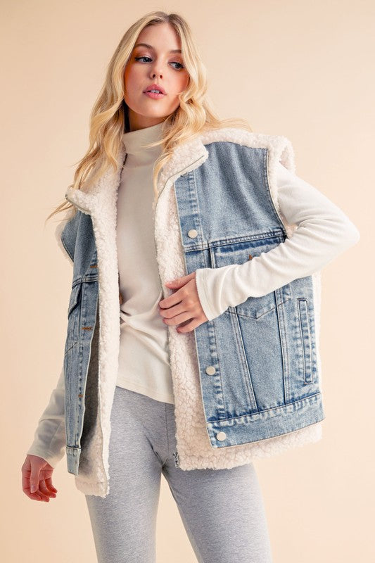 Aemi + Co Fake Two Pieces Denim Patch Sherpa Vest Coat - felvior