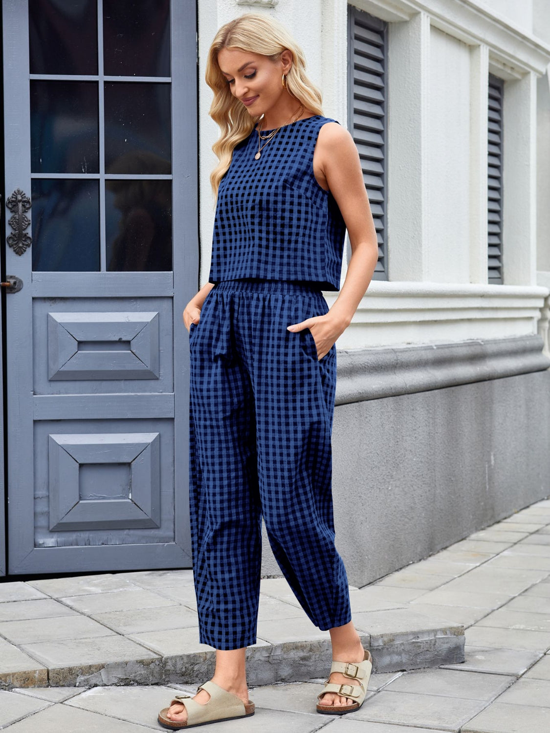 Plaid Sleeveless Top and Pants Set Secondary image