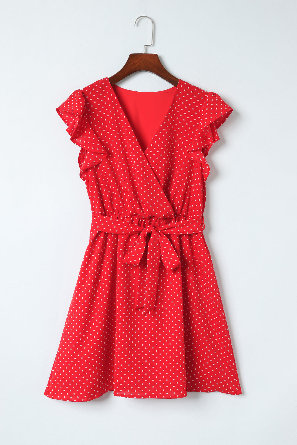 Polka Dot Surplice Neck Tie Waist Dress - felvior