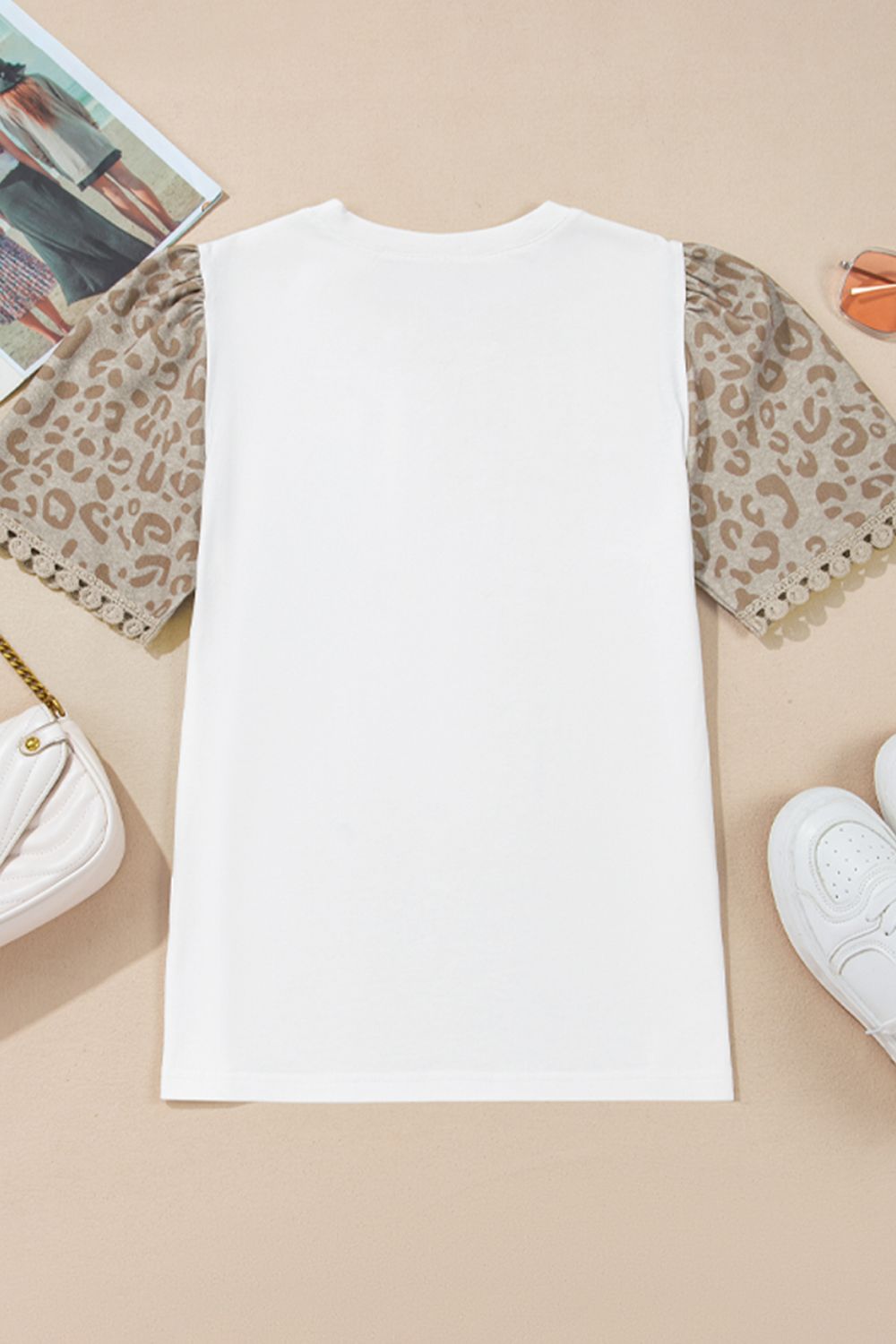Leopard Patchwork Crochet Lace Trim Puff Sleeve T Shirt - felvior