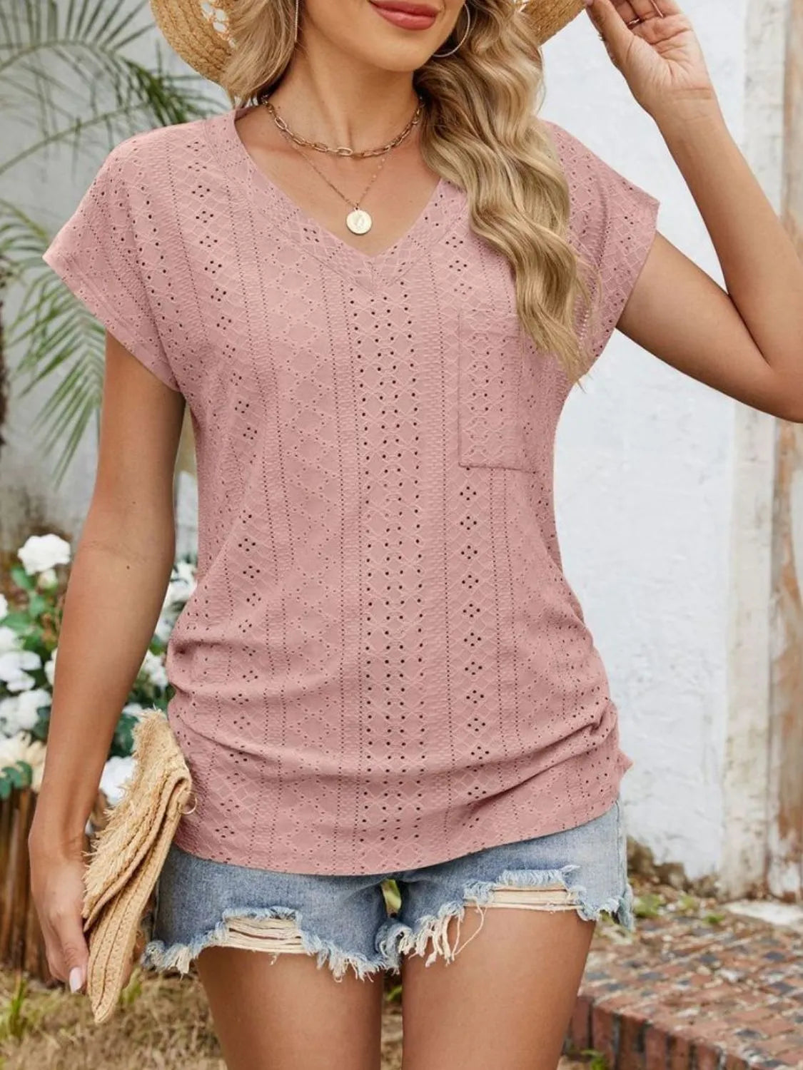 Eyelet V-Neck Short Sleeve Top - felvior
