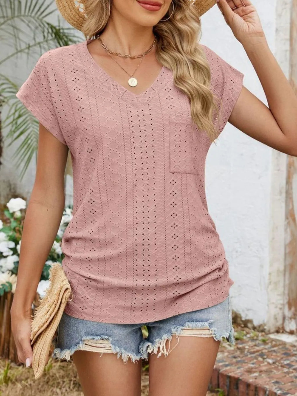 Eyelet V-Neck Short Sleeve Top