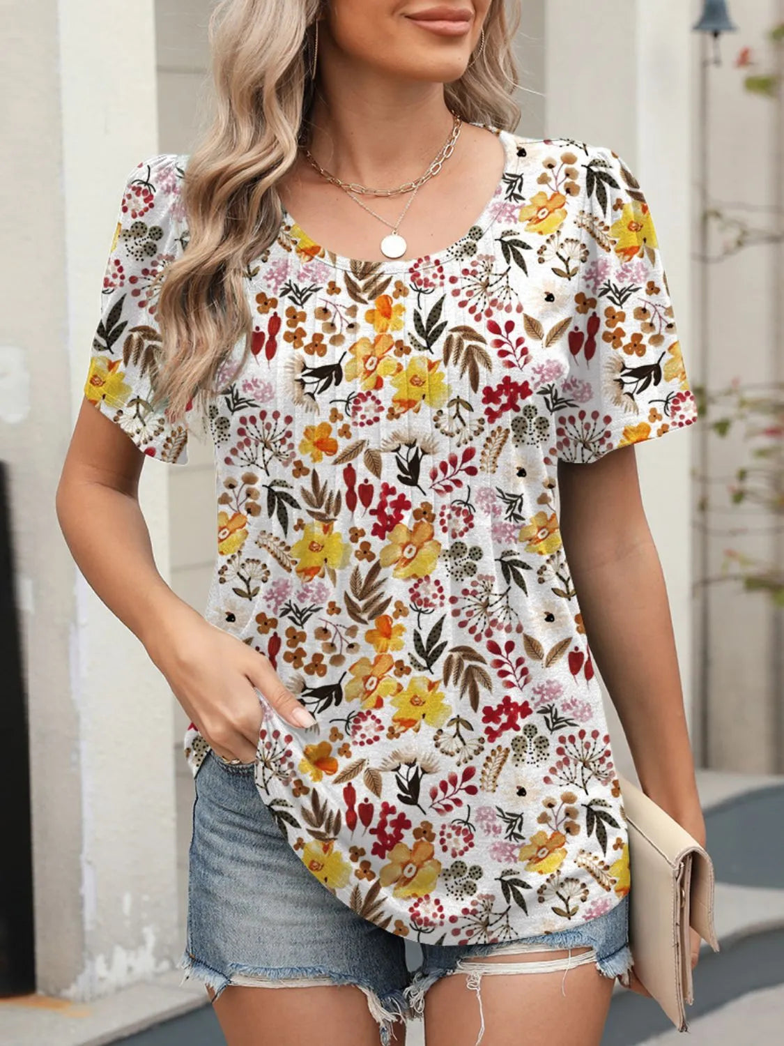 Floral Round Neck Short Sleeve Top
