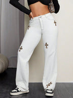 Leopard Cross Detail Straight Leg Jeans