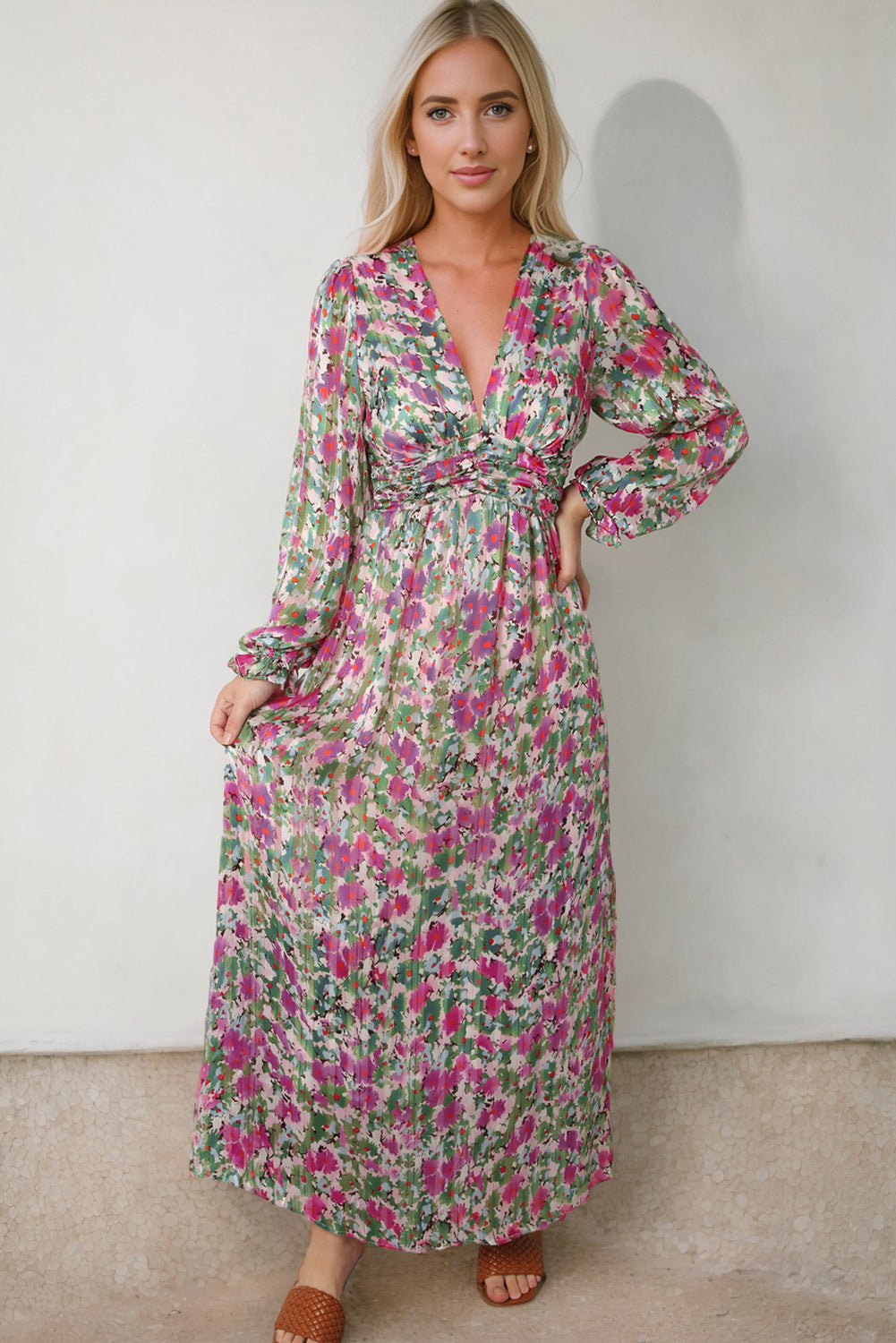 Floral Deep V Maxi Dress - felvior