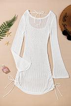 Hollow Out Bell Sleeve Drawstring Knit Cover Up Dress