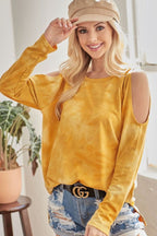 BiBi Tie-Dye French Terry Round Neck Cold Shoulder T-Shirt