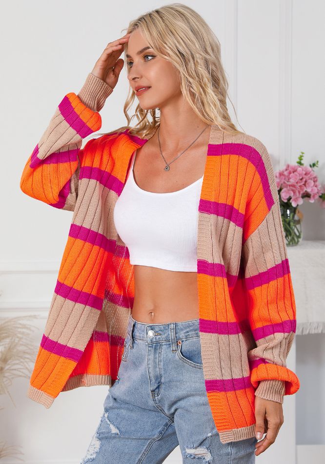 Contrast Striped Drop Shoulder Open Front Cardigan - felvior