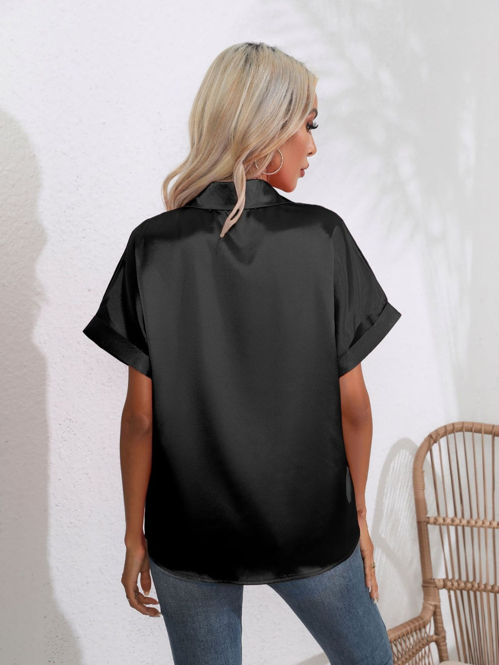 Button Down Collared Neck Short Sleeve Satin Shirt