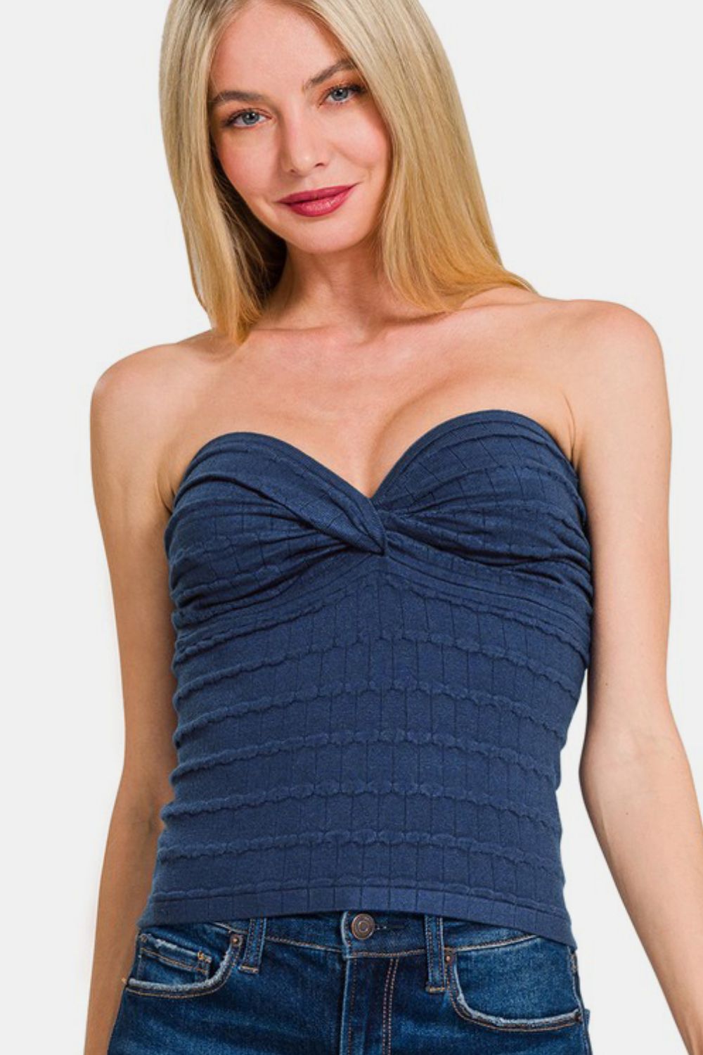 Zenana Ruched Twisted Sweetheart Neck Top - felvior