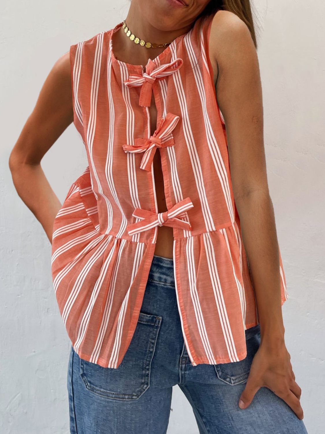 Tied Striped Round Neck Tank - felvior