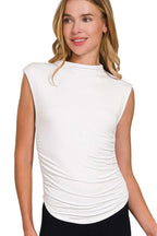 Zenana Double Layered Ruched Side Mock Neck Top
