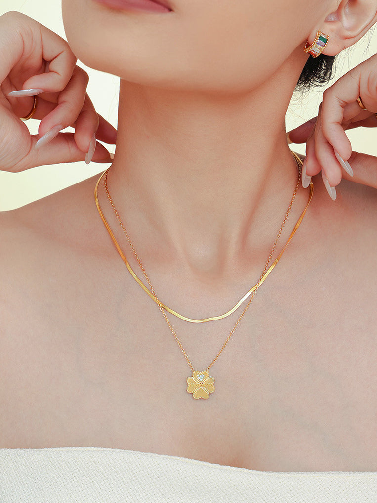 2 Piece 18K Gold-Plated Inlaid Zircon Lucky Clover Necklace - felvior